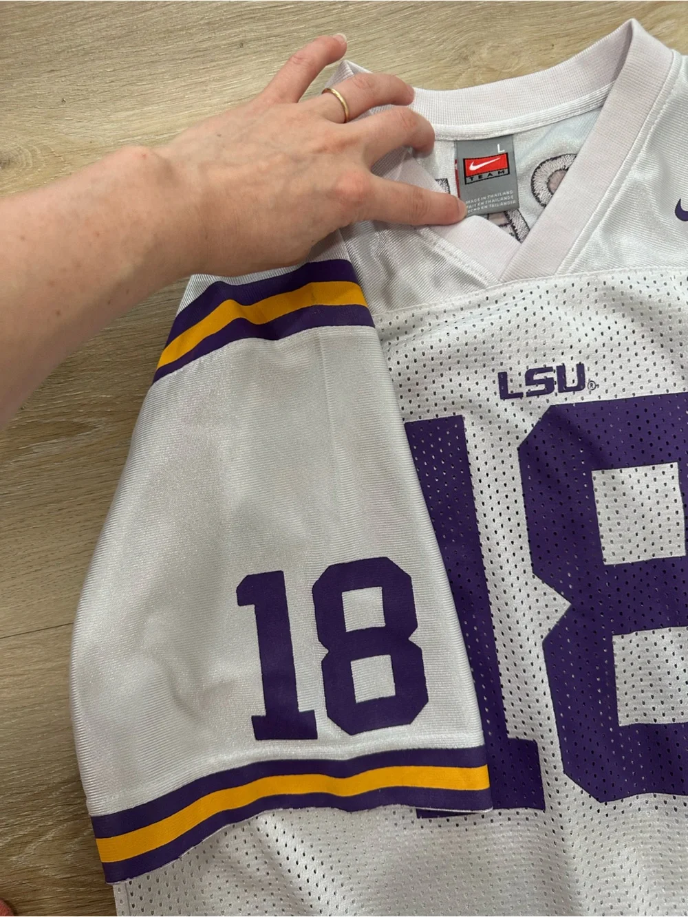 Boys White Football Jersey with Purple & Gold Accents - #18 Ararabie LSU